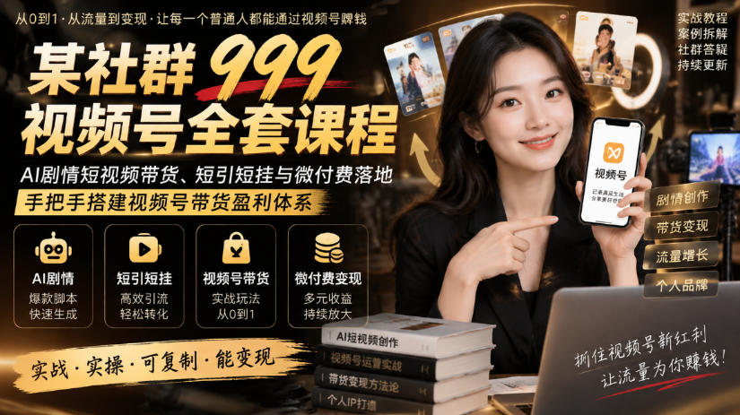 某社群999视频号全套课程，AI剧情短视频带货、短引短挂与微付费落地，手把手搭建视频号带货盈利体系-超级会员网