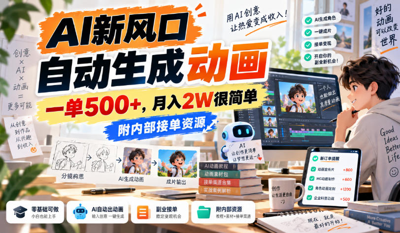 AI新风口，自动生成动画，一单500+，月入2W很简单，附内部接单资源【揭秘】-超级会员网