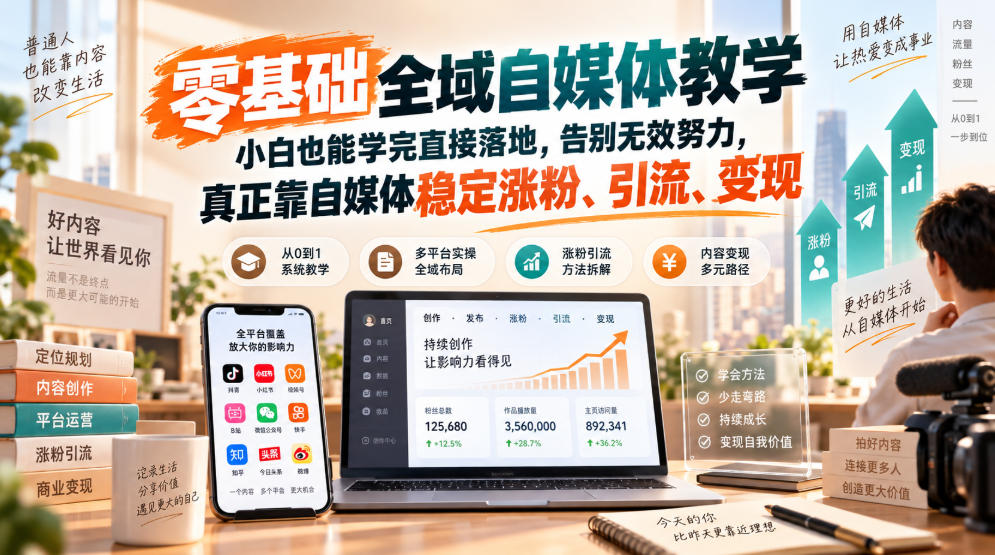 零基础全域自媒体教学，小白也能学完直接落地，告别无效努力，真正靠自媒体稳定涨粉、引流、变现-超级会员网
