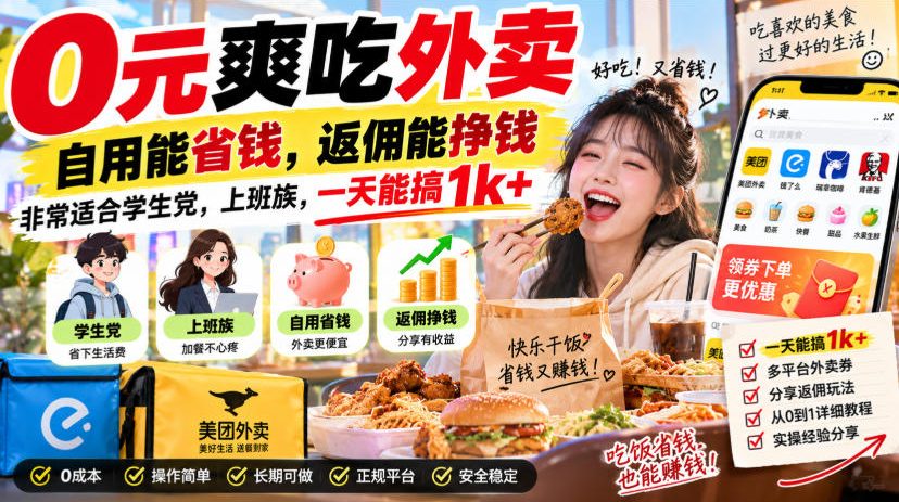 0元爽吃外卖，自用能省钱，返佣能挣钱，非常适合学生党，上班族，一天能搞1k+-超级会员网