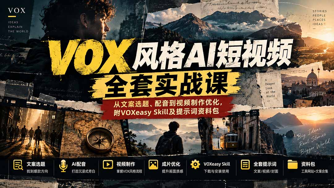【无水印】VOX风格AI短视频全套实战课：从文案选题、配音到视频制作优化，附VOXeasy Skill及提示词资料包-超级会员网
