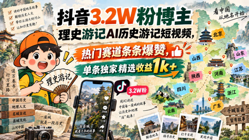 抖音3.2W粉博主理史游记AI历史游记短视频教学，热门赛道条条爆赞，单条独家精选收益1k+-超级会员网