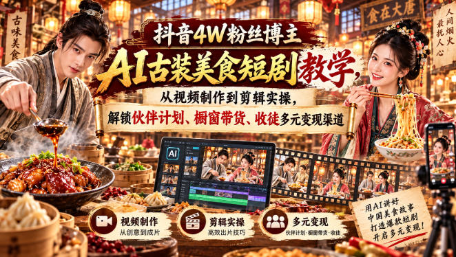 抖音4W粉丝博主AI古装美食短剧教学，从视频制作到剪辑实操，解锁伙伴计划、橱窗带货、收徒多元变现渠道-超级会员网