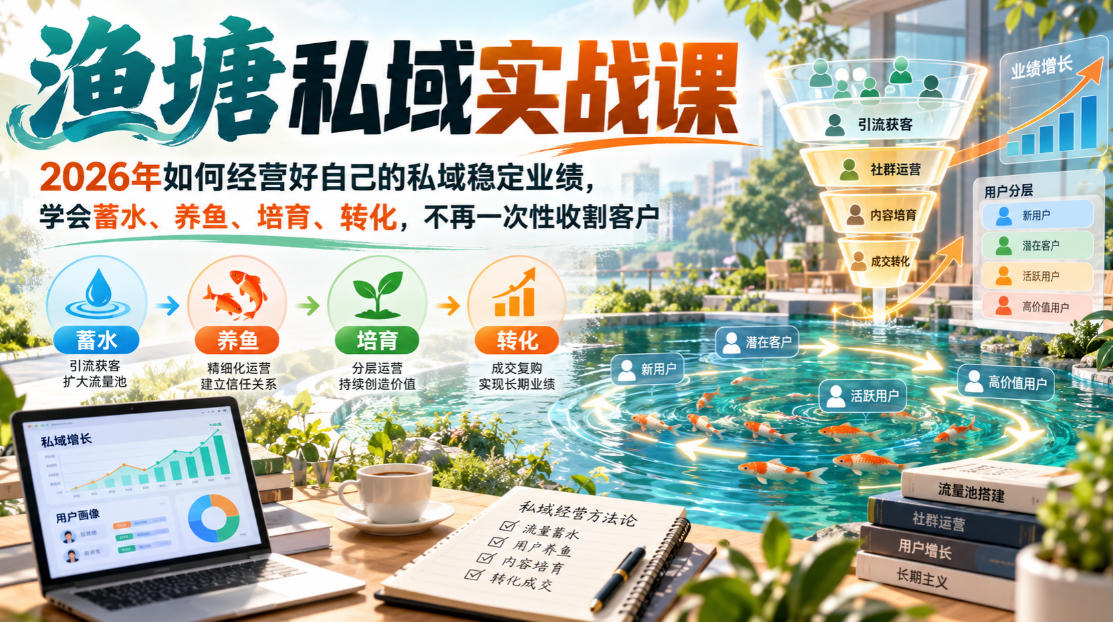 渔塘私域实战课，2026年如何经营好自己的私域稳定业绩，学会蓄水、养鱼、培育、转化，不再一次性收割客户-超级会员网