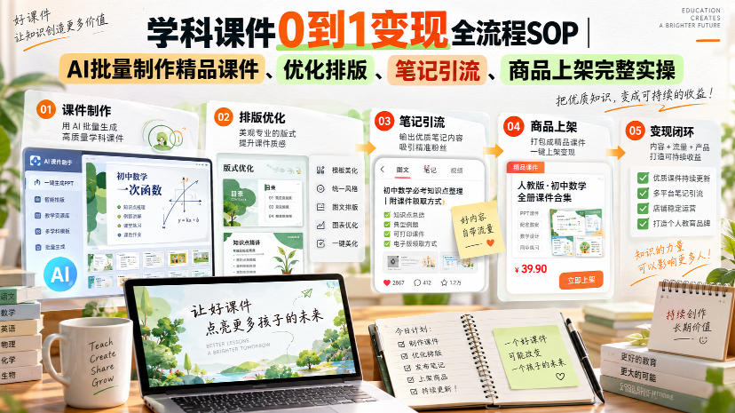 学科课件0到1变现全流程SOP｜AI批量制作精品课件、优化排版、笔记引流、商品上架完整实操​-超级会员网