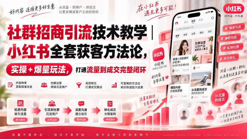 社群招商引流技术教学｜小红书全套获客方法论，实操+爆量玩法，打通流量到成交完整闭环-超级会员网