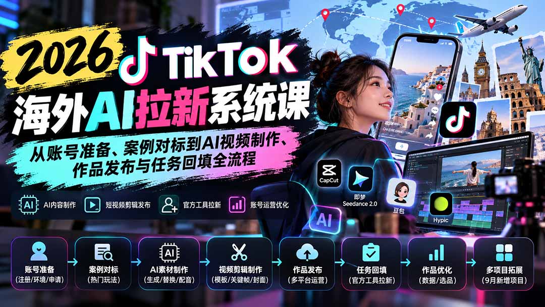 【无水印】2026 TikTok海外AI拉新系统课：从账号准备、案例对标到AI视频制作、作品发布与任务回填全流程-超级会员网