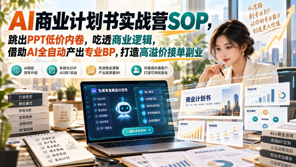 AI商业计划书实战营SOP，跳出PPT低价内卷，吃透商业逻辑，借助AI全自动产出专业BP，打造高溢价接单副业-超级会员网
