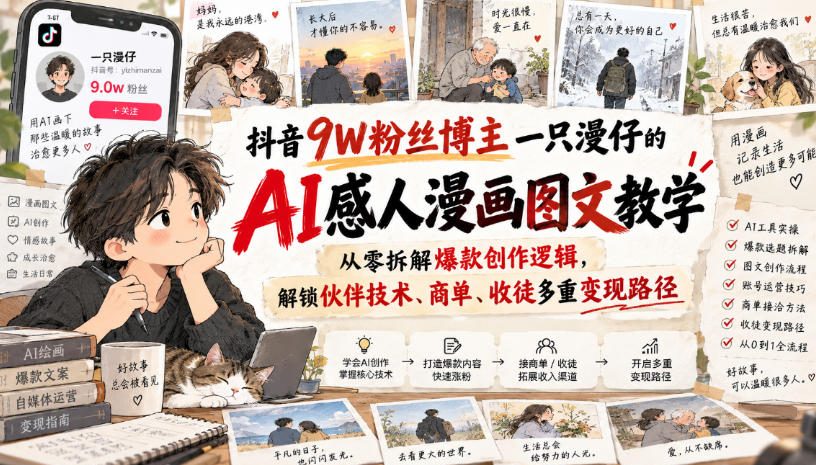抖音9W粉丝博主一只漫仔的AI感人漫画图文教学，从零拆解爆款创作逻辑，解锁伙伴技术、商单、收徒多重变现路径-超级会员网