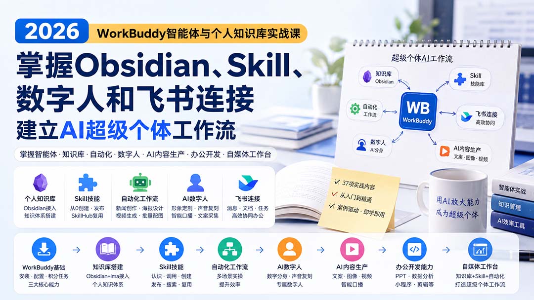 2026 WorkBuddy智能体与个人知识库实战课：掌握Obsidian、Skill、数字人和飞书连接，建立AI超级个体工作流-超级会员网