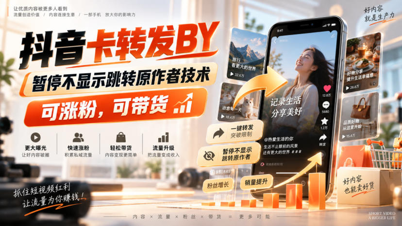 抖音卡转发搬运，暂停不显示跳转原作者技术，可涨粉，可带货-超级会员网