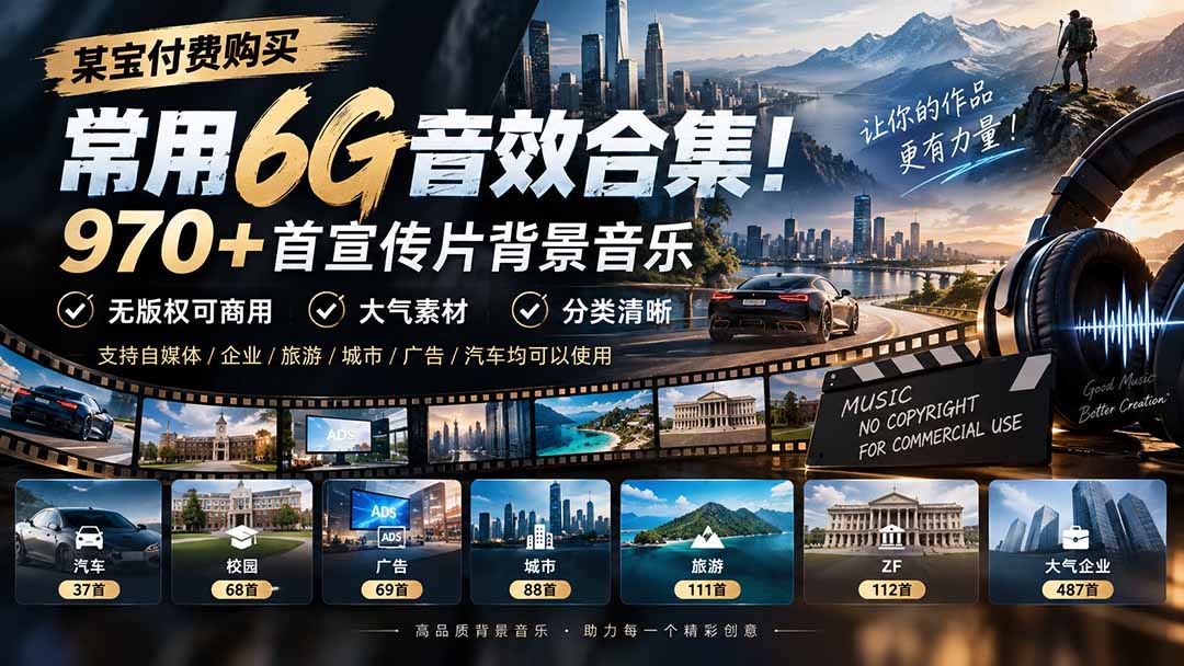 某宝付费购买，常用6G音效合集！970+首宣传片背景音乐，无版权可商用大气素材，分类清晰-超级会员网