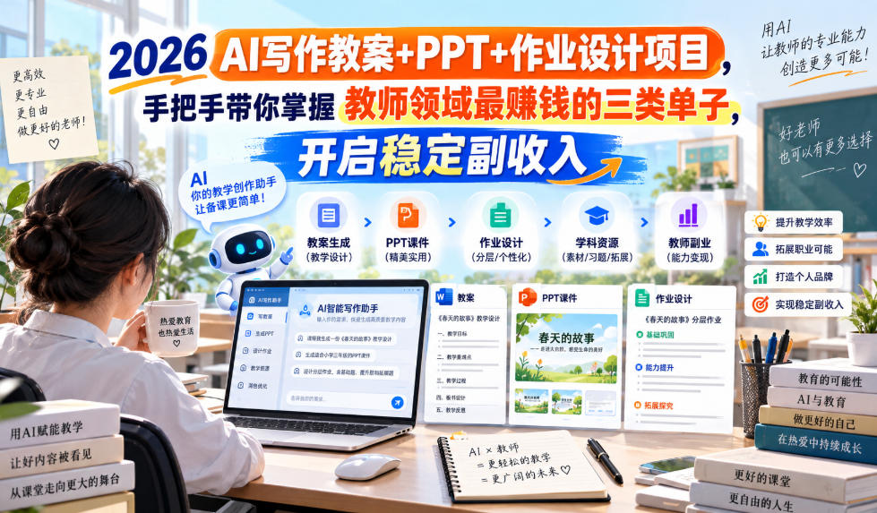 2026 AI写作教案+PPT+作业设计项目，手把手带你掌握教师领域最賺钱的三类单子，开启稳定副收入-超级会员网