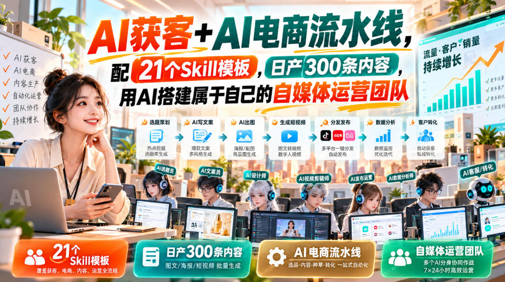 AI获客+AI电商流水线，配21个Skill模板，日产300条内容，用AI搭建属于自己的自媒体运营团队-超级会员网