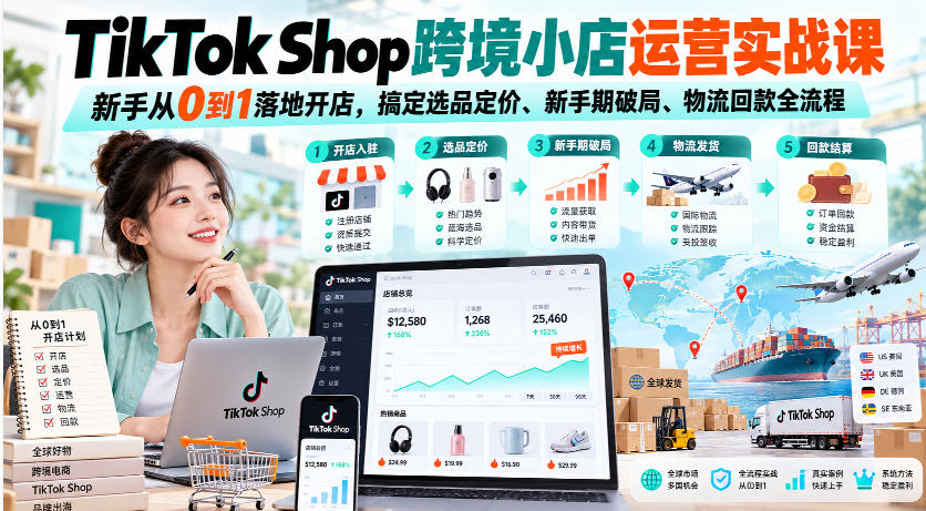 TikTok Shop跨境小店运营实战课，新手从0到1落地开店，搞定选品定价、新手期破局、物流回款全流程-超级会员网