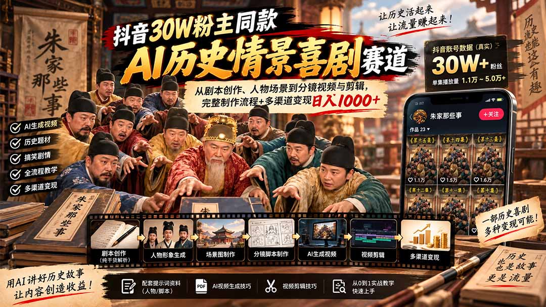 抖音30W粉博主同款AI历史情景喜剧赛道：从剧本创作、人物场景到分镜视频与剪辑，完整制作流程+多渠道变现日入1000+-超级会员网