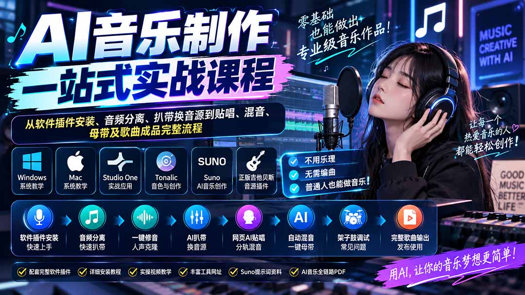 AI音乐制作一站式实战课程：从软件插件安装、音频分离、扒带换音源到贴唱、混音、母带及歌曲成品完整流程-超级会员网