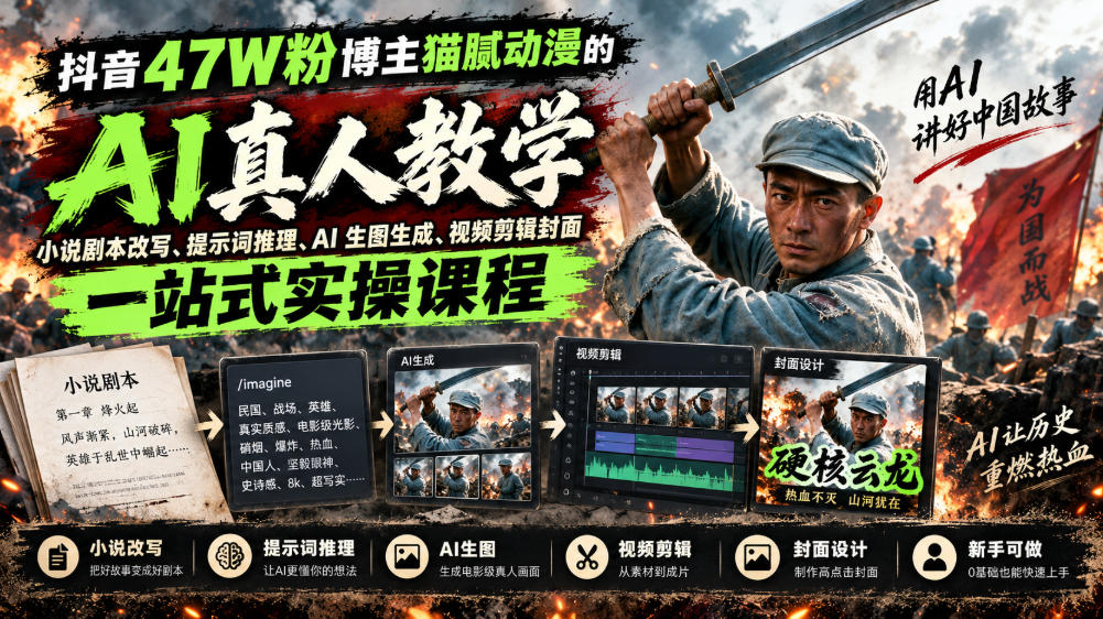 抖音47W粉博主猫腻动漫的AI真人漫剧教学，小说剧本改写、提示词推理、AI生图生成、视频剪辑封面一站式实操课程-超级会员网