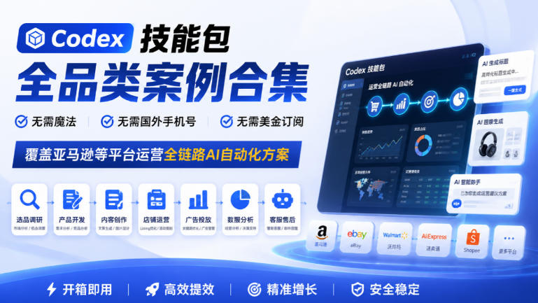 Codex技能包全品类案例合集，无需魔法、无需国外手机号、无需美金订阅，覆盖亚马逊等平台运营全链路AI自动化方案-超级会员网