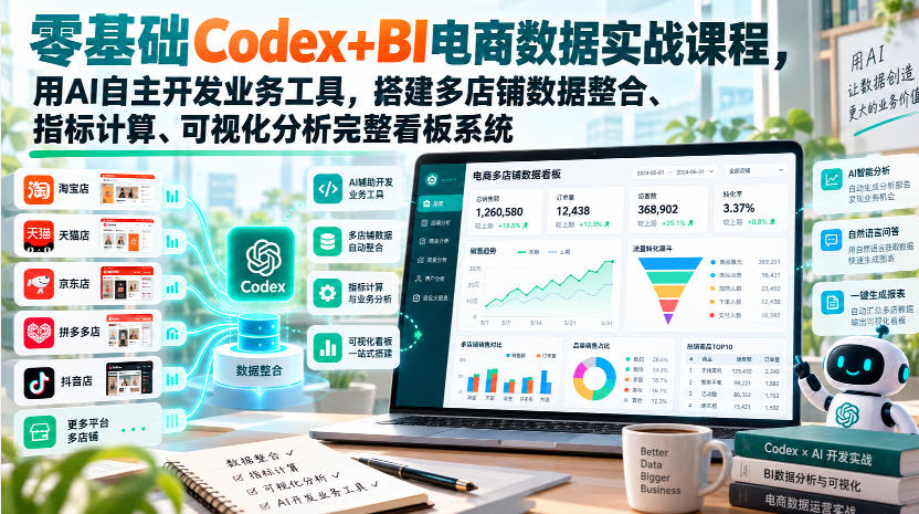 零基础Codex+BI电商数据实战课程，用AI自主开发业务工具，搭建多店铺数据整合、指标计算、可视化分析完整看板系统-超级会员网