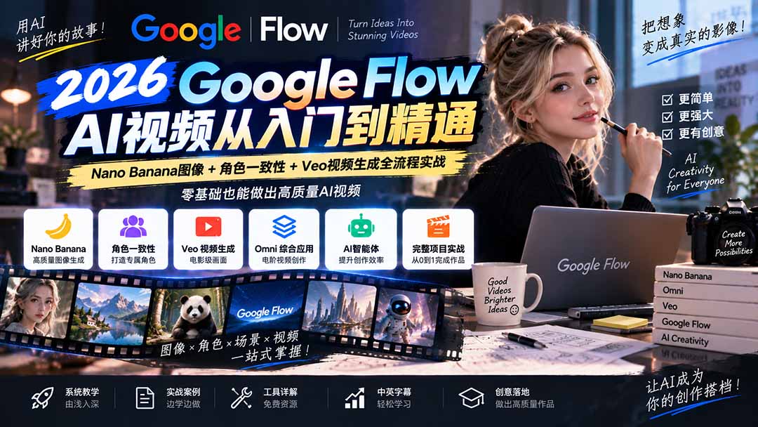 【无水印】Google Flow AI视频从入门到精通：Nano Banana图像+角色一致性+Veo视频生成全流程实战-精翻中英字幕-超级会员网