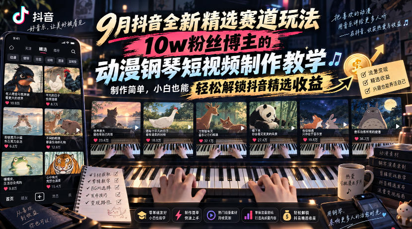 9月抖音全新精选赛道玩法，10w粉丝博主的动漫钢琴短视频制作教学，制作简单，小白也能轻松解锁抖音精选收益-超级会员网