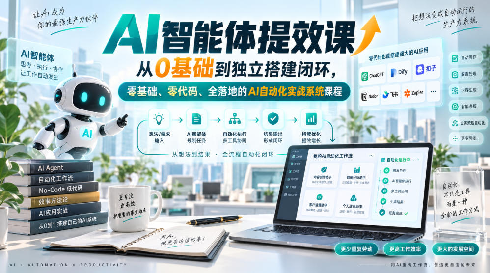 AI智能体提效课，从0基础到独立搭建闭环，零基础、零代码、全落地的AI自动化实战系统课程-超级会员网