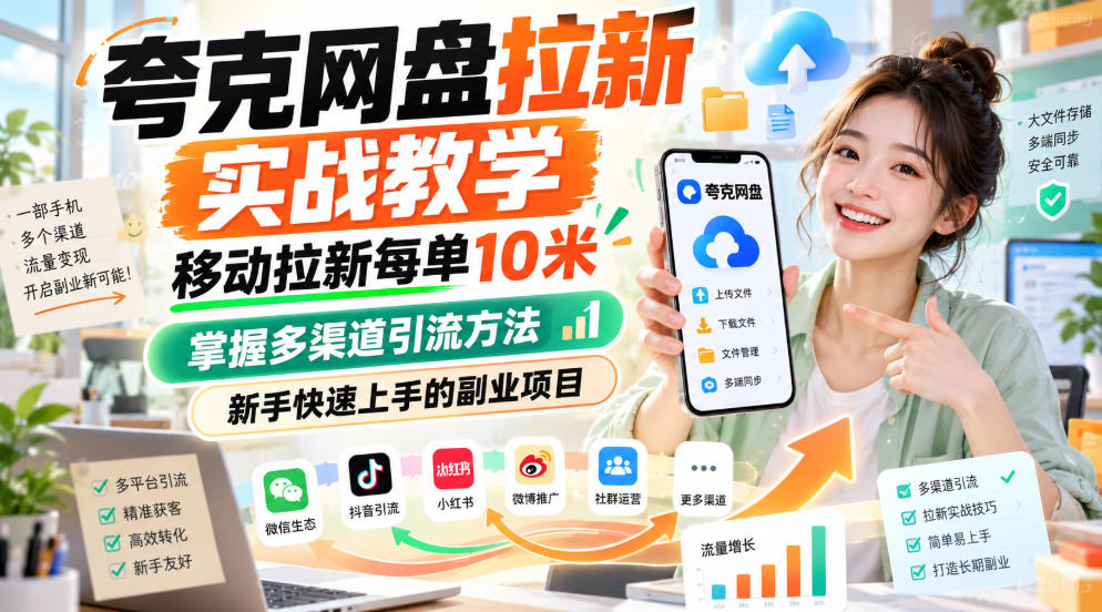 夸克网盘拉新实战教学，移动拉新每单10米，掌握多渠道引流方法，新手快速上手的副业项目-超级会员网