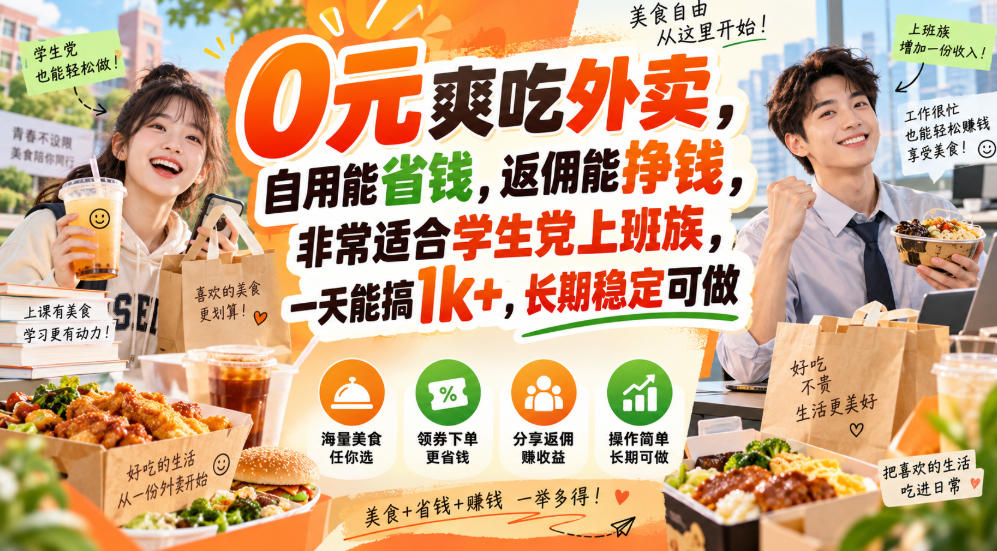 0元爽吃外卖，自用能省钱，返佣能挣钱，非常适合学生党上班族，一天能搞1k+，长期稳定可做-超级会员网