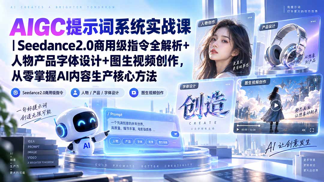 AIGC提示词系统实战课-无水印｜Seedance2.0商用级指令全解析+人物产品字体设计+图生视频创作，掌握AI内容生产方法-超级会员网