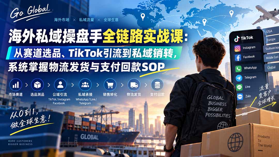 海外私域操盘手全链路实战课：从赛道选品、TikTok引流到私域销转，系统掌握物流发货与支付回款SOP-超级会员网