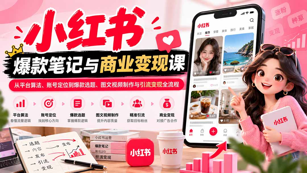 2026小红书爆款笔记与商业变现课：从平台算法、账号定位到爆款选题、图文视频制作与引流变现全流程-超级会员网