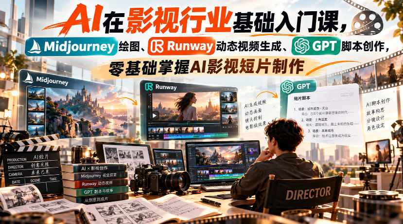 【无水印】AI在影视行业基础入门课，Midjourney绘图、Runway动态视频生成、GPT脚本创作，零基础掌握AI影视短片制作-超级会员网