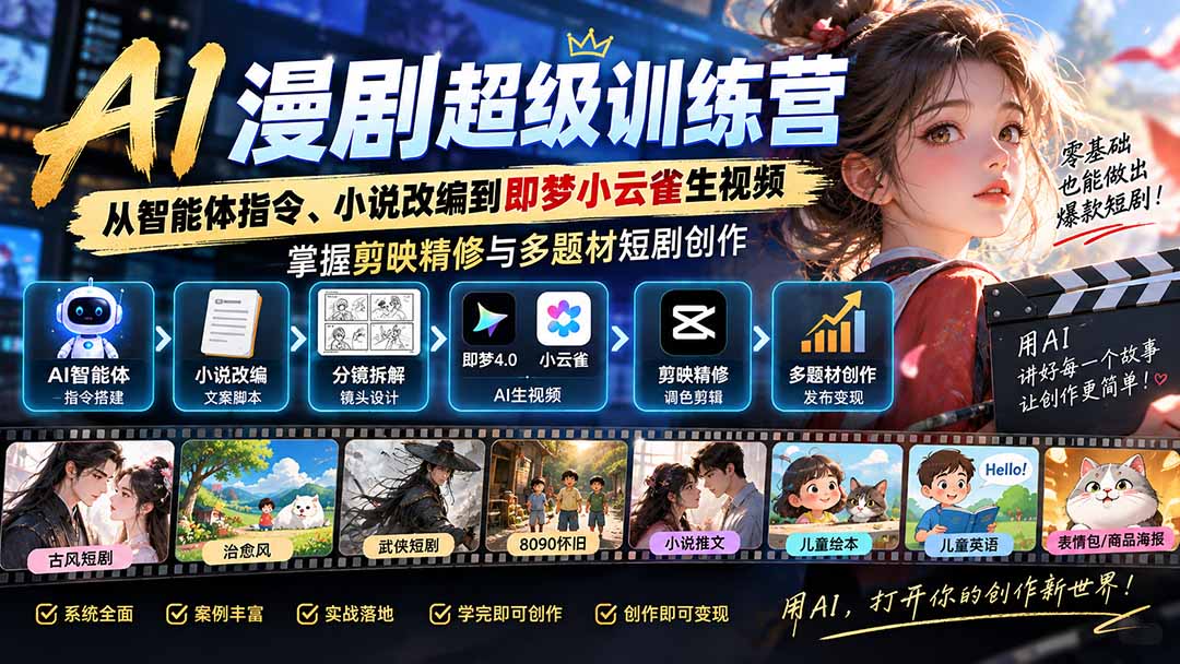 AI漫剧超级特训营：从智能体指令、小说改编到即梦小云雀生视频，掌握剪映精修与多题材短剧创作-超级会员网