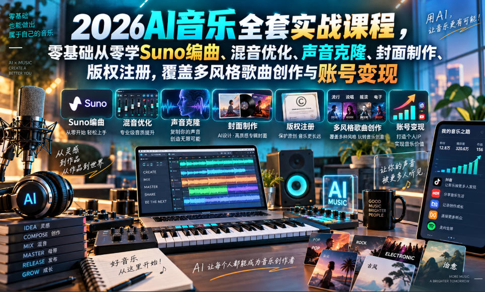 2026AI音乐实战课程，零基础从零学Suno编曲、混音优化、声音克隆、版权注册，覆盖多风格歌曲创作与账号变现(更新0924)-超级会员网