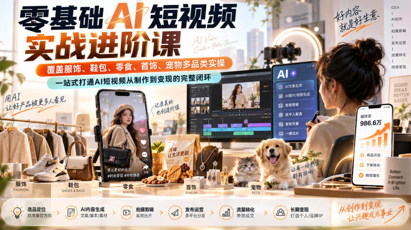 零基础AI短视频实战进阶课，覆盖服饰、鞋包、零食、首饰、宠物多品类实操，一站式打通AI短视频从制作到变现的完整闭环-超级会员网