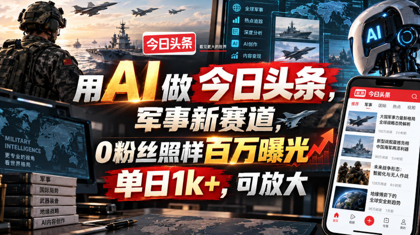 用AI做今日头条，军事新赛道，0粉丝照样百万曝光，单日1k+，可放大-超级会员网