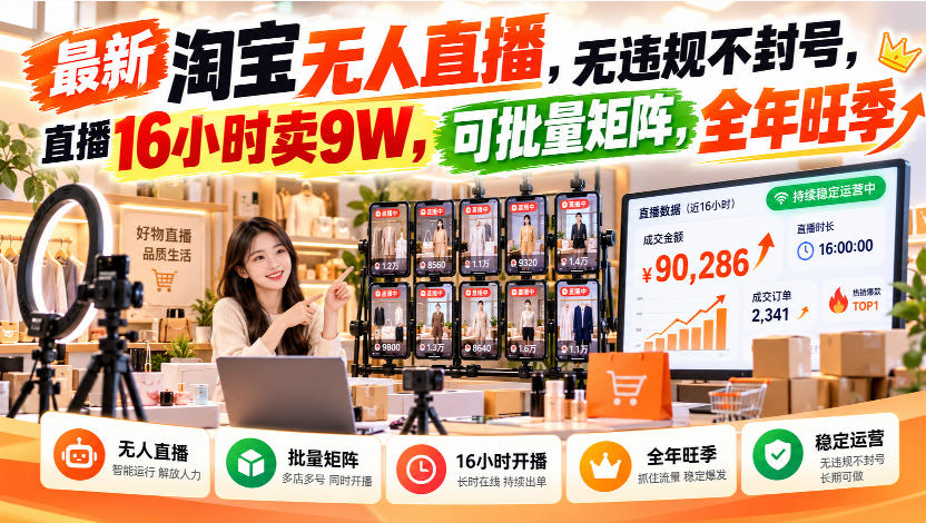 最新淘宝无人直播，无违规不封号，直播16小时卖9W，可批量矩阵，全年旺季【揭秘】-超级会员网