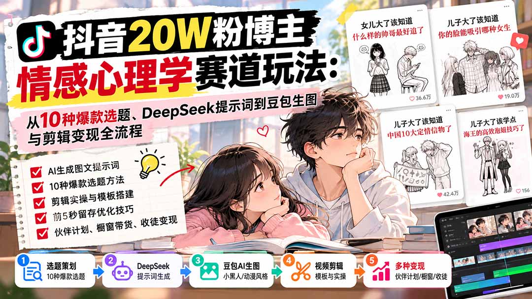 抖音20W粉博主-情感心理学赛道玩法：从10种爆款选题、DeepSeek提示词到豆包生图与剪辑变现全流程-超级会员网