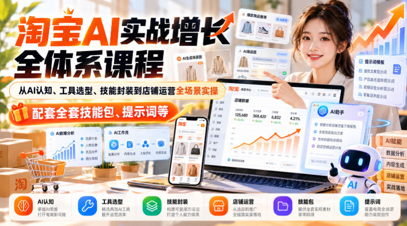 淘宝AI实战增长全体系课程，从AI认知、工具选型、技能封装到店铺运营全场景实操，配套全套技能包、提示词等-超级会员网