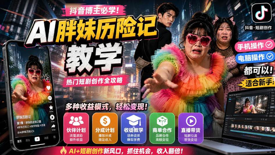 抖音博主的AI胖妹历险记教学，伙伴计划+分成计划+收徒+商单等多种收益，适合新手，手机电脑都可以操作-超级会员网