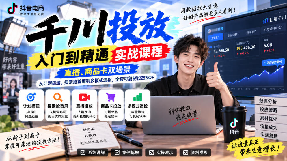 千川投放入门到精通实战课程，直播、商品卡双场景，从计划搭建、搜索抢首屏到多模式追投，全套可复制投放SOP-超级会员网