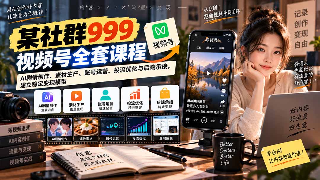【无水印】某社群999视频号全套课程：AI剧情创作、素材生产、账号运营、投流优化与后端承接，建立稳定变现模型-超级会员网