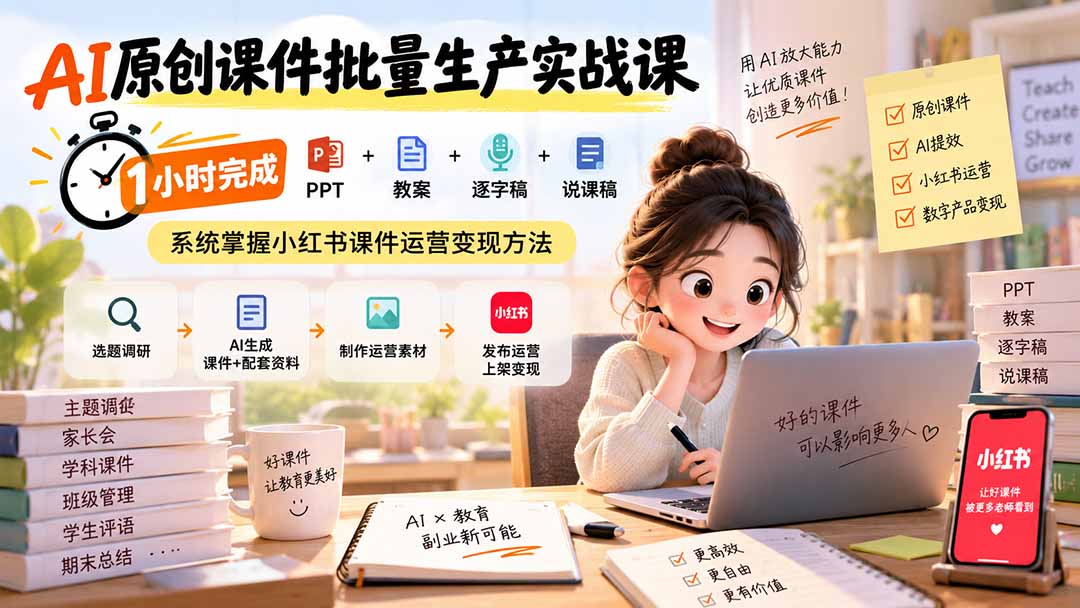 AI原创课件批量生产实战课：1小时完成PPT+教案+逐字稿+说课稿，系统掌握小红书课件运营变现方法-超级会员网