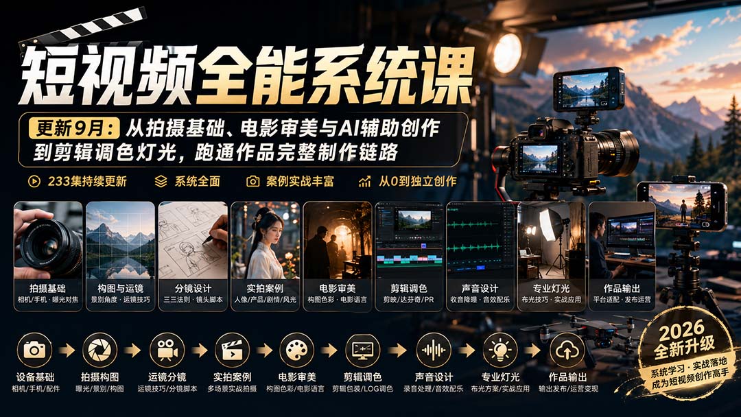 短视频全能系统课-9月完整版：从拍摄基础、电影审美与AI辅助创作到剪辑调色灯光，跑通作品完整制作链路-超级会员网