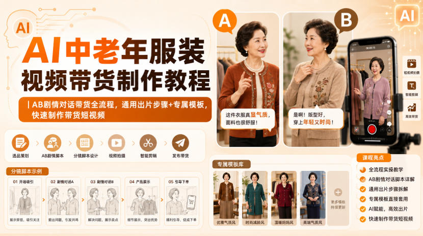 AI中老年服装视频带货制作教程｜AB剧情对话带货全流程，通用出片步骤+专属模板，快速制作带货短视频-超级会员网