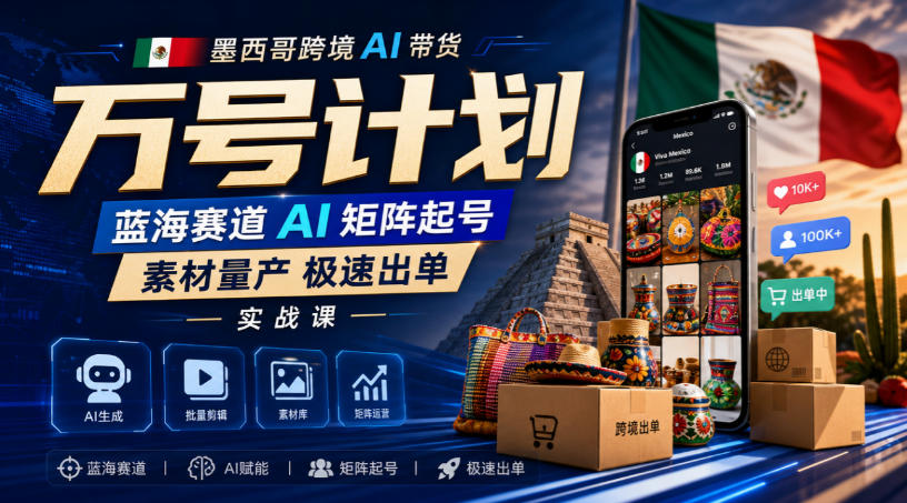 墨西哥跨境AI带货万号计划，蓝海赛道AI矩阵起号，素材量产极速出单实战课-超级会员网