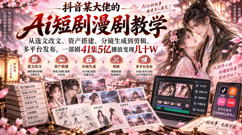 抖音某大佬的Ai短剧漫剧教学，从选文改文、资产搭建、分镜生成到剪辑、多平台发布，一部剧41集5亿播放变现几十W-超级会员网