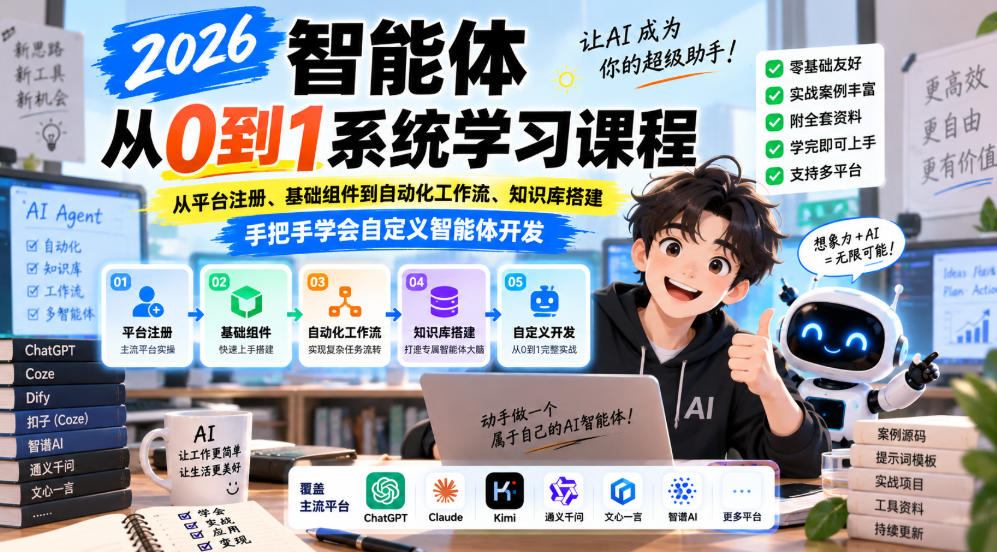 2026智能体从0到1系统学习课程，从平台注册、基础组件到自动化工作流、知识库搭建，手把手学会自定义智能体开发-超级会员网
