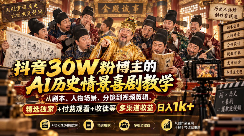 抖音30W粉博主的AI历史情景喜剧教学，从剧本、人物场景、分镜到视频剪辑，精选独家+付费观看+收徒等多渠道收益日入1k+-超级会员网